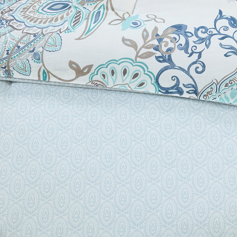 Édredon 8 pièces en coton grand bleu réversible avec motif floral, jupe de lit unie, coton lavable à la machine Isla, aquarelle