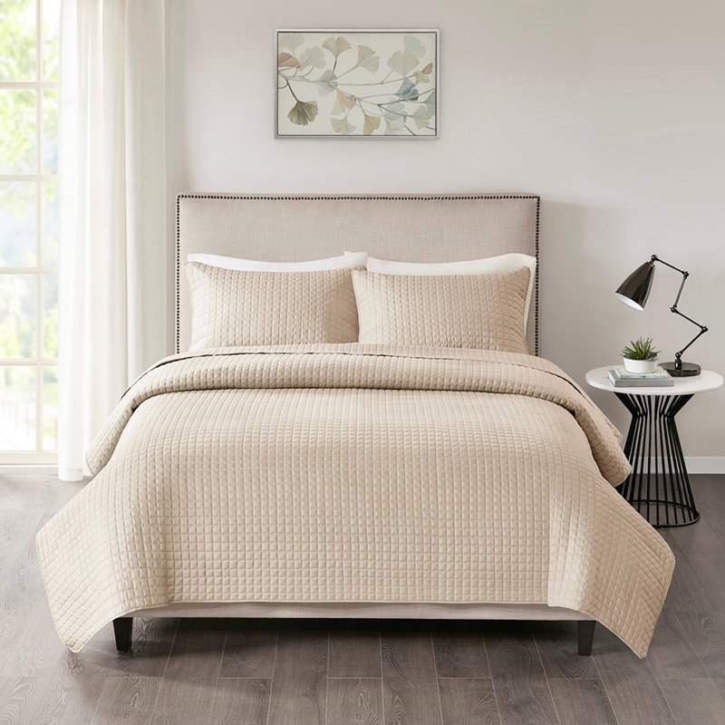 Literie pour courtepointe réversible kaki double / grand 3 pièces - caractéristique de remplissage, composant à carreaux carrés, intérieur lavable à la machine, parure, tissu