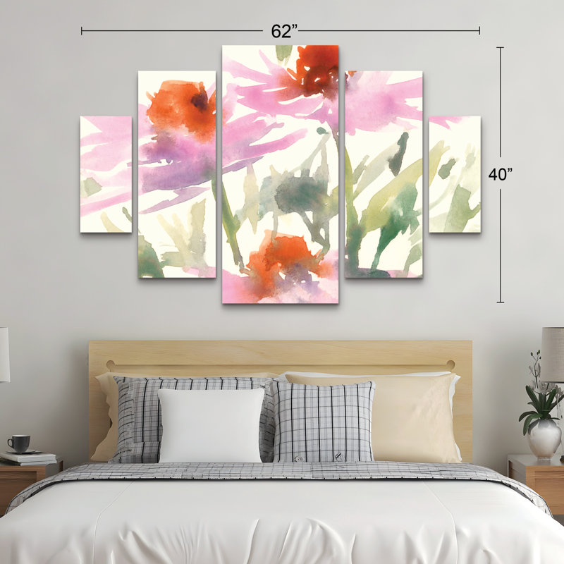 Ensemble de 5 panneaux muraux - «Daisy Garden Views I» par Samuel Dixon, art mural sur toile pour le salon, la chambre à coucher ou le bureau 
