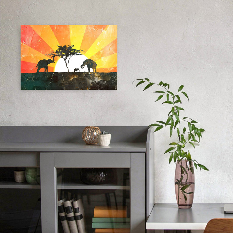 Savane, coucher de soleil, éléphants, art contemporain contemporain, 12" H x 18" W