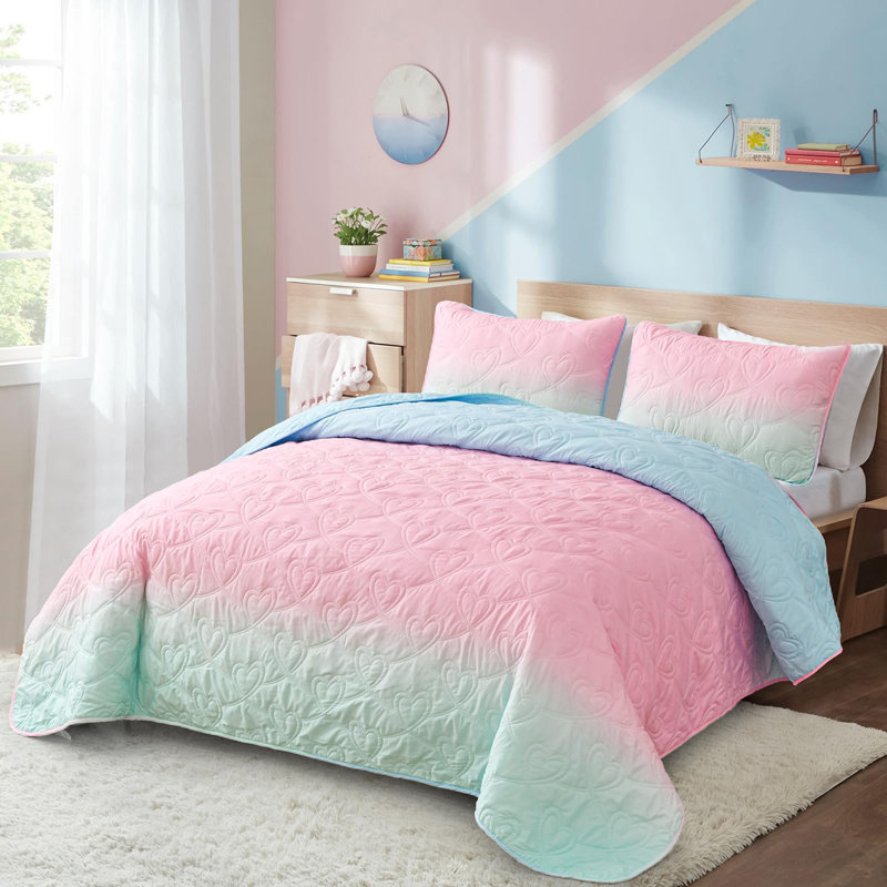 Ensemble de courtepointe réversible en microfibre légère 3 pièces 3 saisons, Blue Pink Mint