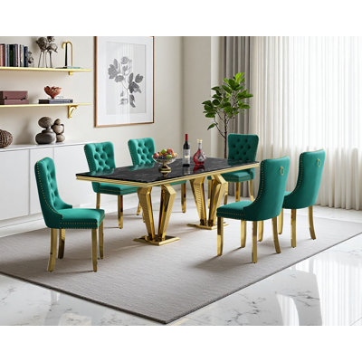 Rectangle Dining Table Set, Black Faux Marble Dining Table & Velvet Chairs with Stainless Steel Pedestal, 68.11" Dining Room Table and Chairs Set, Luxury Dining Table Set for Home Furniture