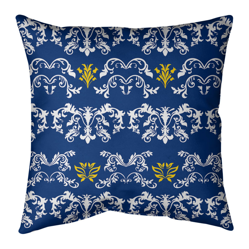 Housse de coussin LA Baroque, 16 po x 1 po, Polyester sergé, Bleu marine clair / blanc / jaune