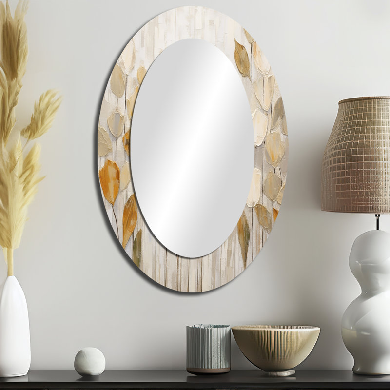 Beige Botanical Impressions II - Abstract Oval Decorative Mirror On Metal, 36" x 24"