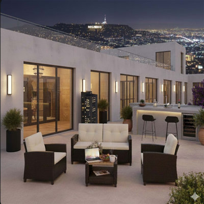 4-Piece All-Weather Wicker Outdoor Conversation Set With Beige Cushions And Solid Acacia Wood Coffee Table For Patios, Balconies, And Gardens.