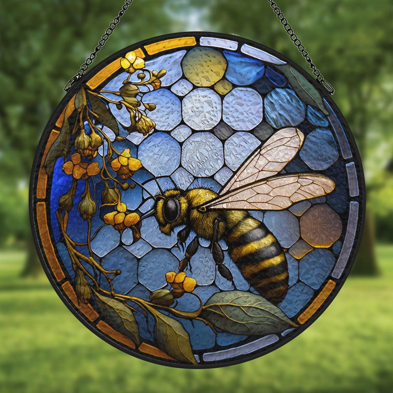 Bee on fleurs vitrail vitrail pour fenêtre, 6,3 x 6,3 po (16 x 16 cm)