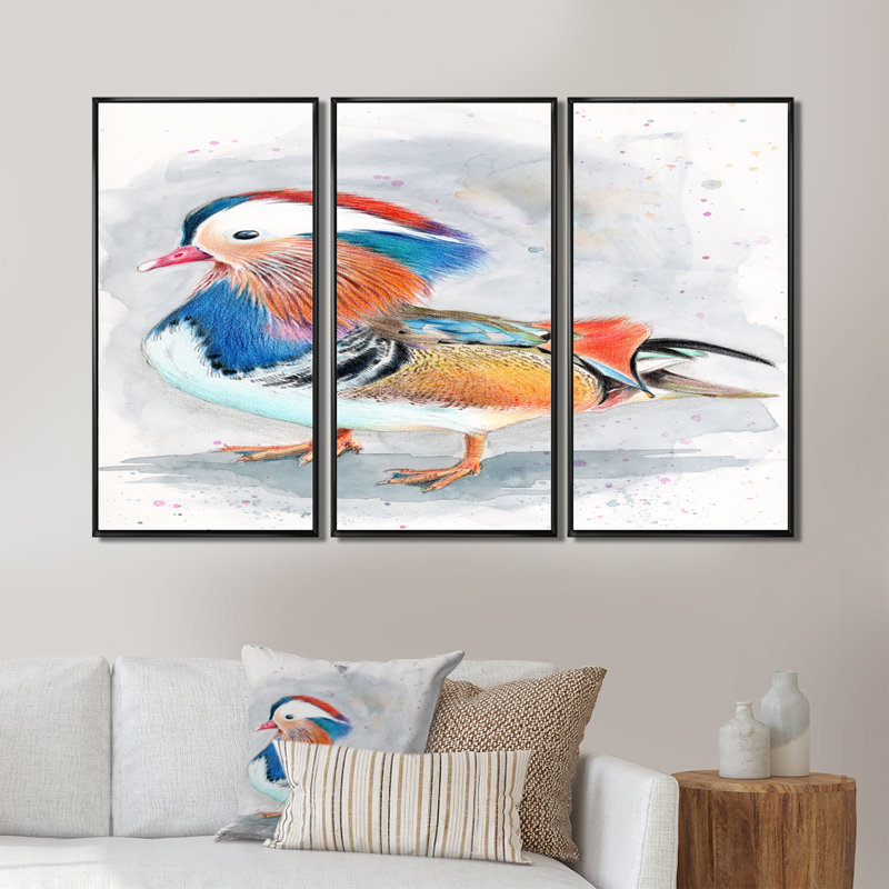 Colorful Mandarin Duck - 3 pièces, reproduction sur toile, Cadre noir, H 28 po x l 36 po x P 1 po