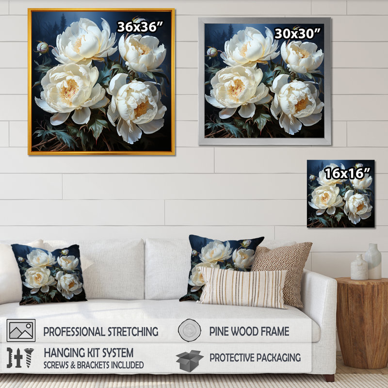Élégante pivoine, paysage de rêve sur toile, Cadre simple noir, H 24 po x l 24 po x P 1 po