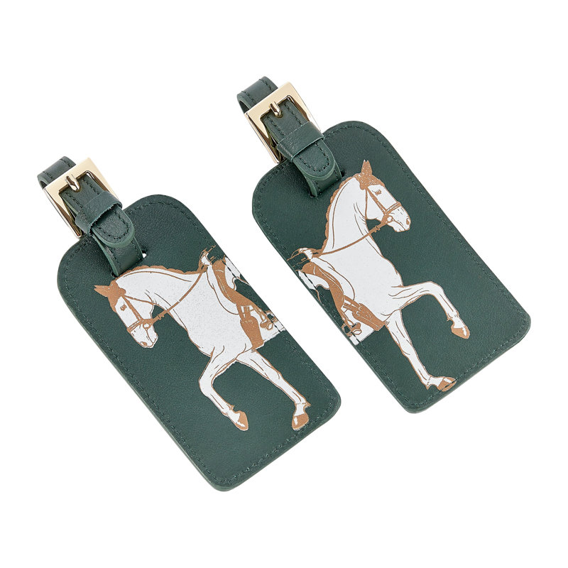 Set of 2 Equestrian Leather Luggage Tag Set, Green