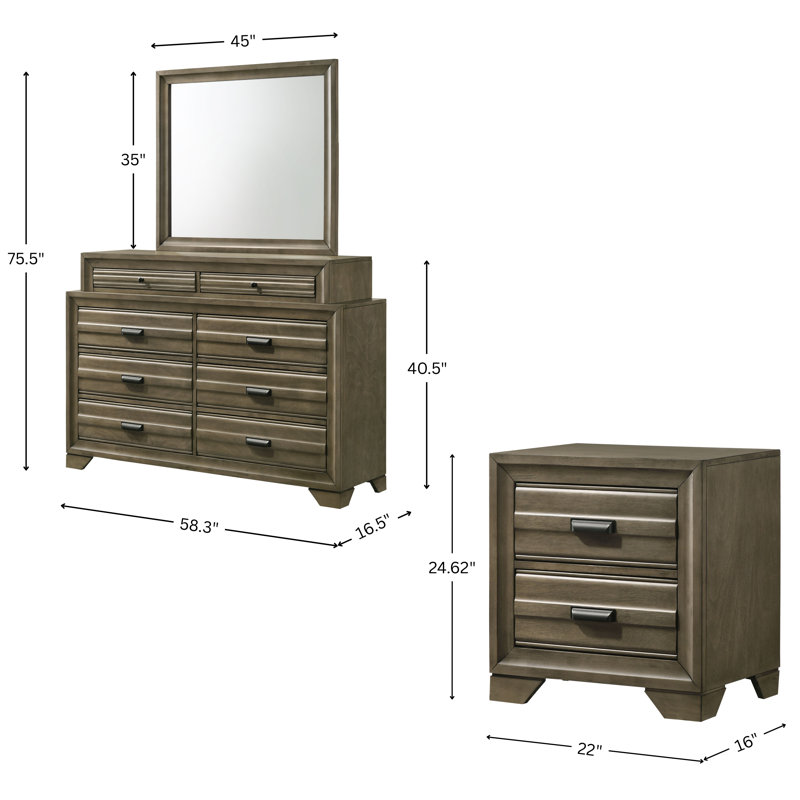 Ensemble de chambre avec lit plateforme 4 pièces Dwain, Très grand, Cinq pièces : Lit, 2 tables de chevet, commode, m