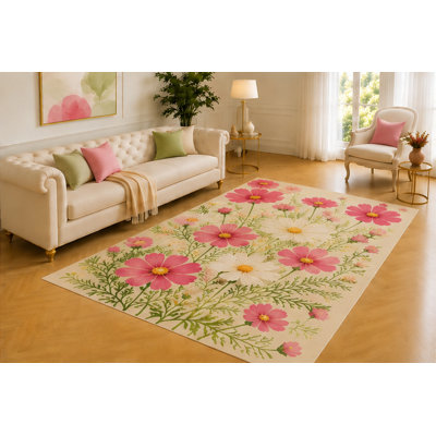 "Ultra Lightweight" 5'x7' Pink Cosmos Rug, Delicate Rose and White Flowers with Fernlike Green Stems, Airy Floor Decor for Bedroom, Nursery or Cozy Reading Corner
