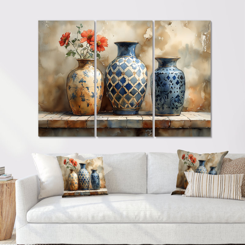 Vases bleus majestueux - ensemble de salon d'art mural en poterie marocaine, H 28 po x l 36 po x P 1 po, Toile tendue