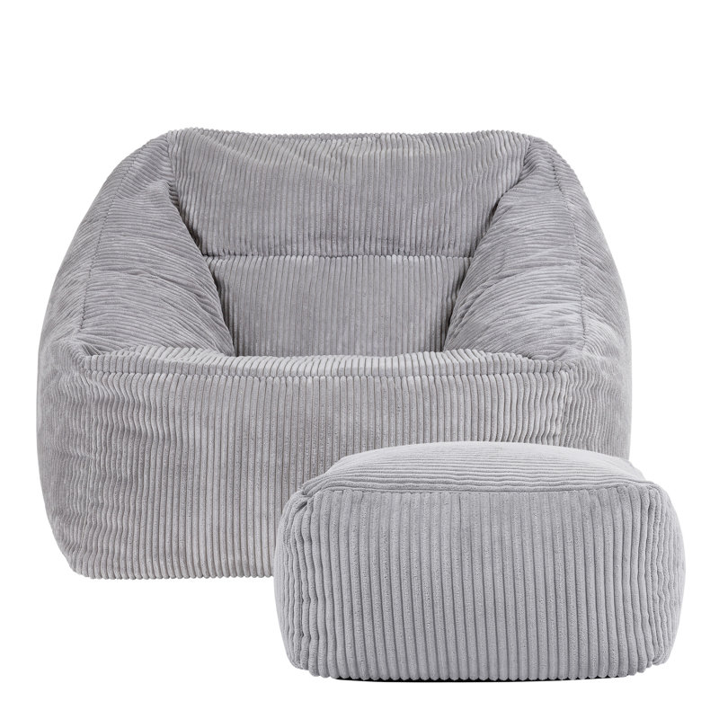 Bean Bag Bazaar Natalia Corduroy Armchair Bean Bag and Square Footstool, Grey