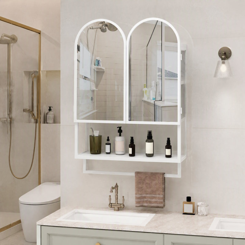 Armoire à pharmacie blanche à double miroir arqué de 60 cm (23,62 po), armoire murale métallique à 2 portes avec étagères et porte-serviettes