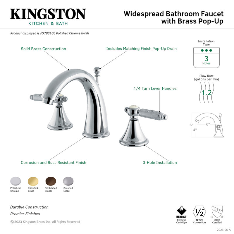 Robinet de salle de bain espacé à deux poignées et 3 poignées à fixation sur le comptoir avec bonde escamotable en laiton Kingston