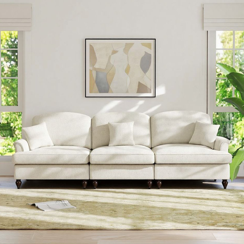 Canapé 3 places 107,1 po Mid-Century en chenille avec jupe à volants, Beige