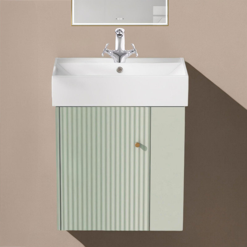 21.6 inch Modern Floating Bathroom Vanity with Ceramic Basin - Perfect for Small Bathrooms, Right side storage, Green