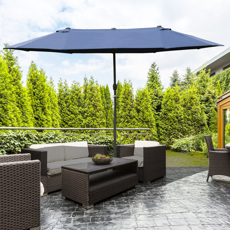 Parasol de patio rectangulaire de 15 pi, matériau bleu foncé, manivelle facile, double face pour piscine, auvent hydrofuge pour cour arrière, cour arrière,