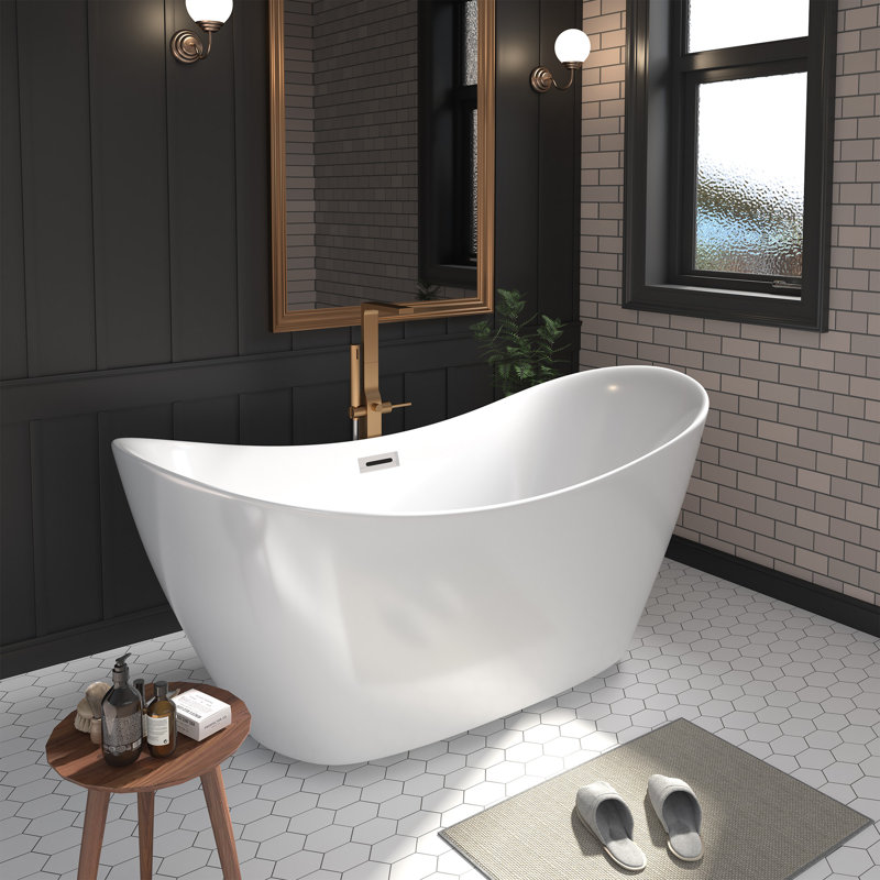 59" Freestanding Acrylic Soaking Bathtub, Glossy White with Drain, Modern Stand-Alone Tub, 26" H x 29.5" W x 59.1" L