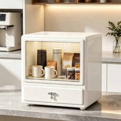 Armoire de rangement en plastique blanc avec porte-tasses anti-poussière intégré au couvercle du tiroir, idéale pour les comptoirs de cuisine et les coiffeuses.