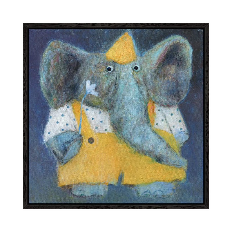 The Elephant In The Party Hat by Natalia Shaloshvili - Painting on Canvas, 66.04cm H x 66.04cm W x 3.81cm D, Black Framed