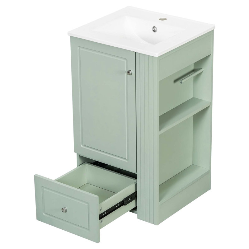 Meuble-lavabo compact autoportant avec lavabo en céramique, tiroir à fermeture en douceur et tablettes latérales ouvertes pour les petits espaces