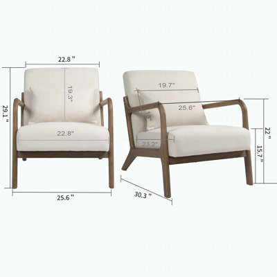Mid Century Modern Accent Chair With Wood Frame, Upholstered Living Room Chairs With Waist Cushion, Reading Armchair For Bedroom Sunroom