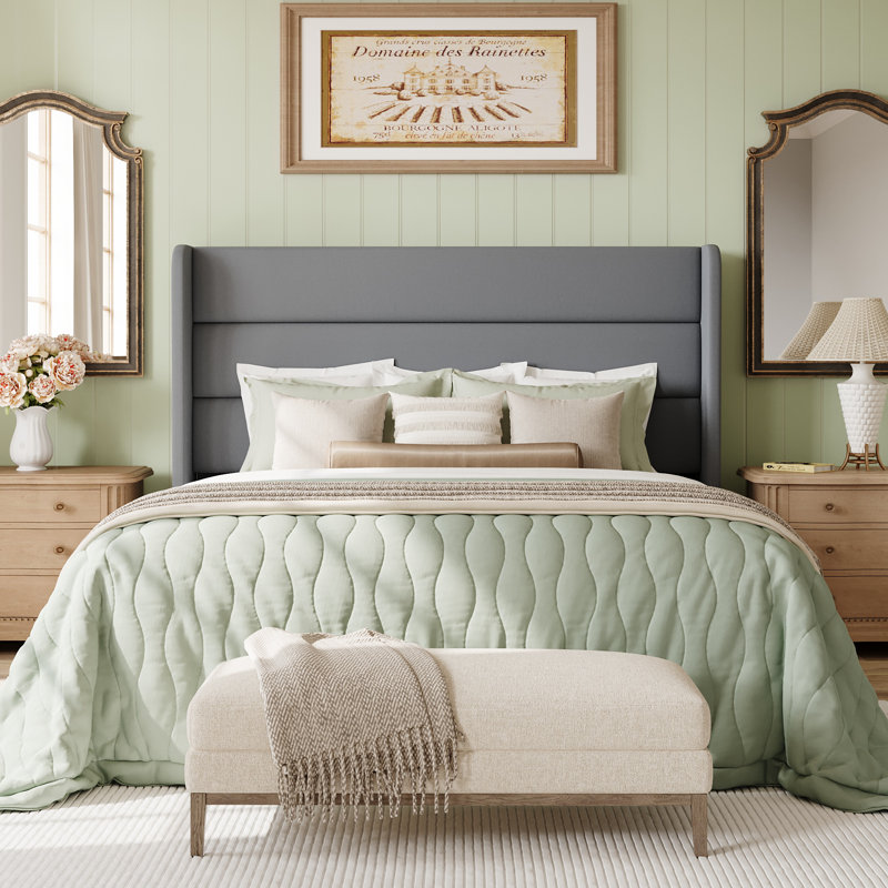Chic Upholstered Platform Wingback Bed Frame No Box Spring Needed, Gray, Full