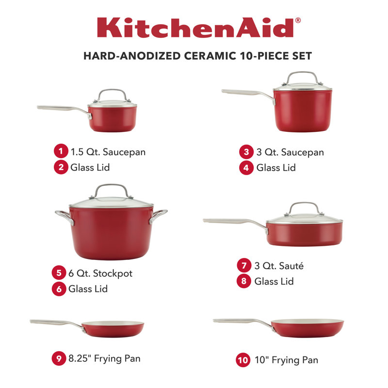 KitchenAid Hard Anodized Ceramic Nonstick Cookware Pots and Pans Set, 10 Piece, Red