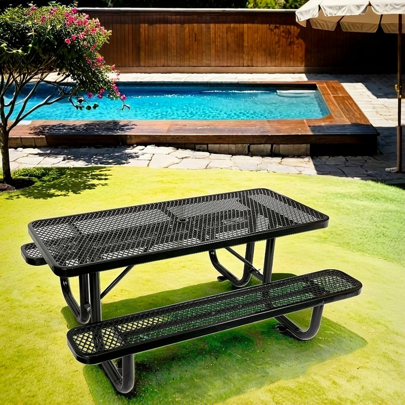 6 pi Table de pique-nique rectangulaire en acier pour l'extérieur, Bleu