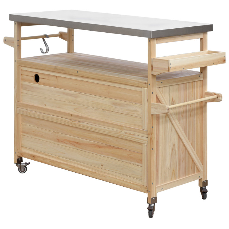 50" Solid Wood Outdoor Kitchen Island with Stainless Steel Top Farmhouse Grill Prep Cart with 4 Locking Wheels for Patio BBQ,Wood