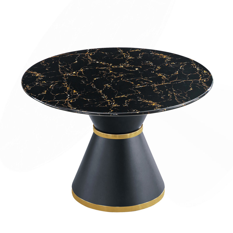 Table de salle à manger ronde en panneau de fibres à densité moyenne et marbre noir avec anneau annulaire doré