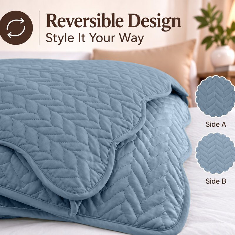 Ensemble de couvre-lit à motif de feuilles en relief pour lit simple – 2 couvre-lits et 2 taies d'oreiller, WASHED BLUE