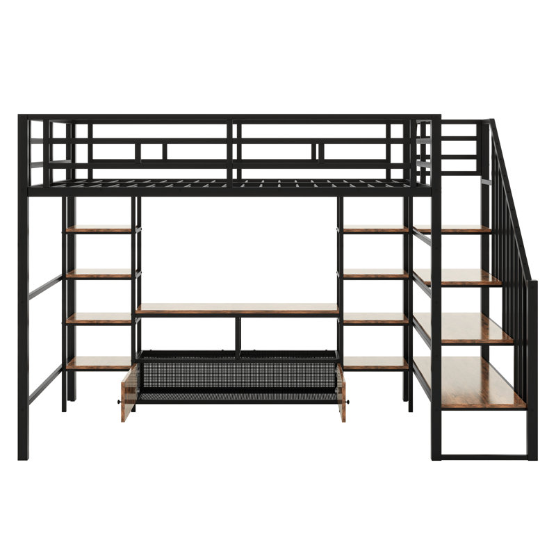 Lit mezzanine en métal avec escalier, table de rangement basse et tablettes de rangement, Noir