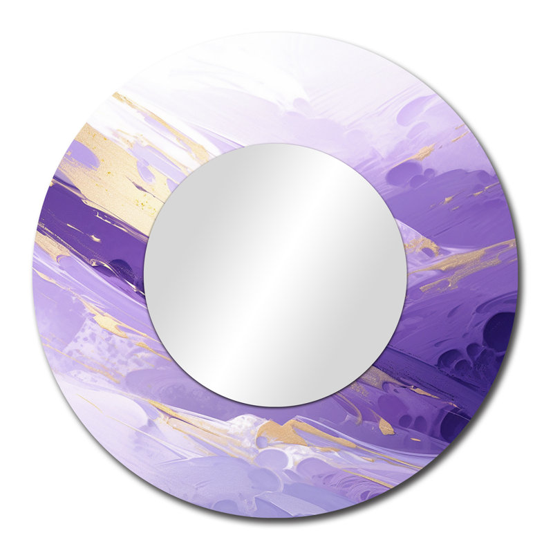 Abstractions dynamiques mauves et dorées I - miroir abstrait unique, grand miroir mural rond moderne, impression d'art en métal