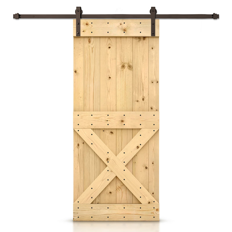 Porte de grange à panneaux et en bois avec quincaillerie d'installation, 32 po x 84 po, Non fini, Bronze huilé