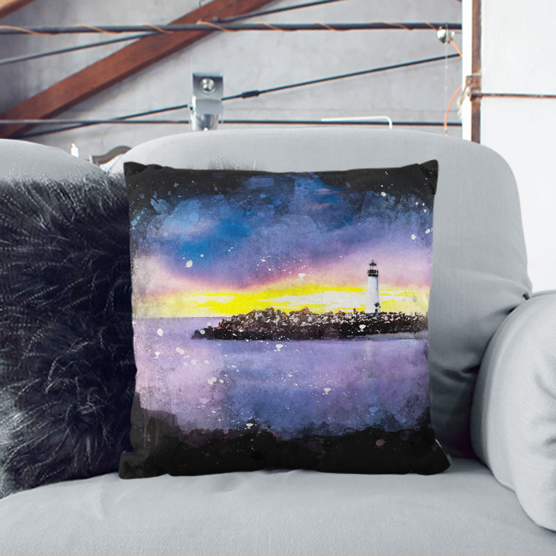 Remote Lighthouse & Seascape Cushion with Filling, 55cm H x 55cm W x 20cm D, Stone