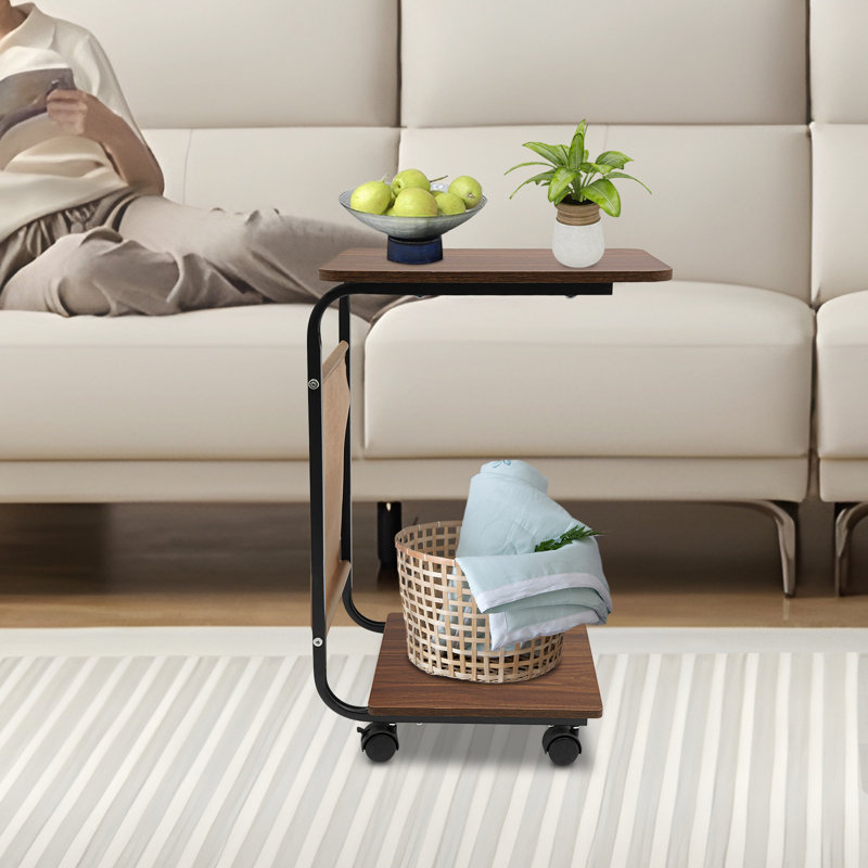 C Shaped Side Table  W/ Brake Caster, Brown, Black