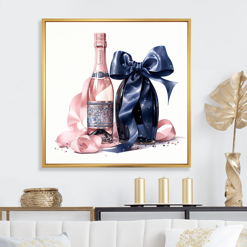 Mode rose et bleu champagne II - mode champagne, art mural, Cadre flottant doré, H 36 po x l 36 po x P 1,5 po