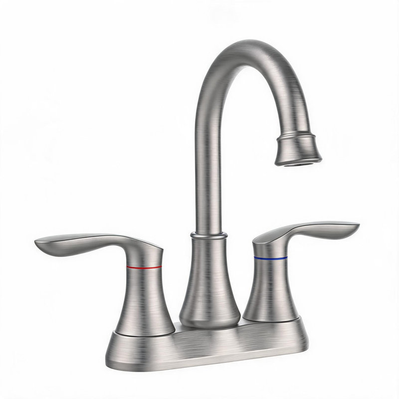 Robinet de lavabo de salle de bain central en nickel brossé de 4 pouces à deux poignées avec bec pivotant à arc de 360 degrés et bonde escamotable