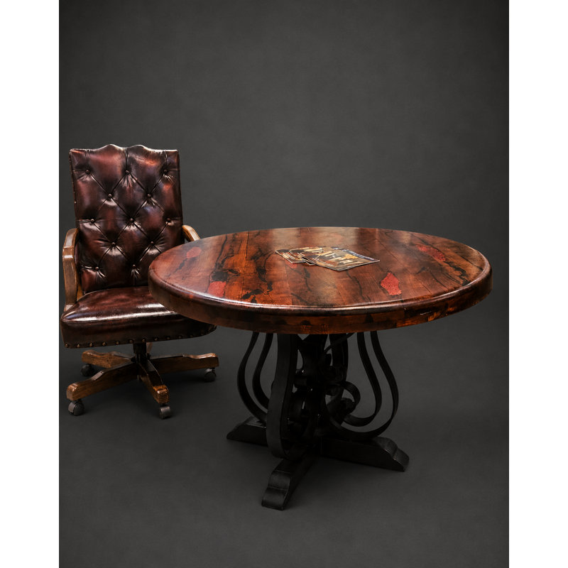 Round Mesquite Dining Table | 72" Solid Wood, Wrought Iron Base, Rustic Ranch Style