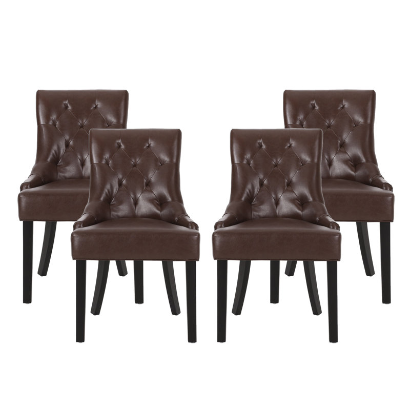 Modern Upholstered Tufted Accent Side Dining Chairs with Diamond-Stitched Backrest and Tapered Wood Legs, 4, Dark Brown PU