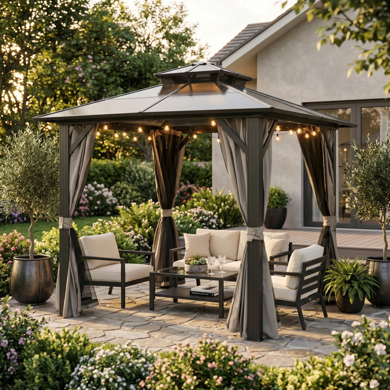 8Ft X 8Ft  Aluminum Bbq Grill Gazebo With Grey Hardtop Polycarbonate Double Roof  For Outdoor Cooking