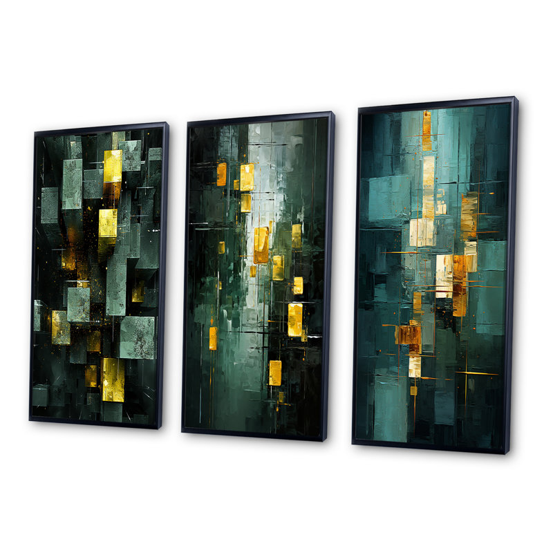 Emerald Reflections Abstract Cubist - Ensemble de 3 peintures abstraites, Cadre flottant noir, H 20 po x l 36 po
