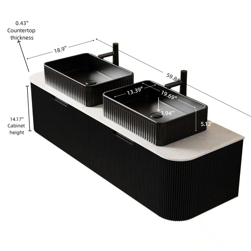 Meuble-lavabo de 60 po avec 2 lavabos rectangulaires noirs, armoire de rangement rayée, tiroirs, pré-assemblé, couleur, céramique, finition 3D, grands lavabos en céramique, comptoir de dureté, système français à fermeture en douceur,