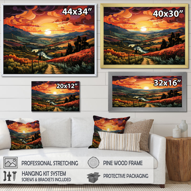 «Green Orange Vineyard Rows Of Ruby II», reproduction sur toile, H 16 po x l 32 po x P 1 po, Cadre flottant doré