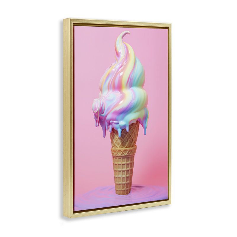 Toile flottante encadrée «Dripping Ice Cream» par Raymond Powers, Cadre flottant métallique doré, H 31 po x l 21 po