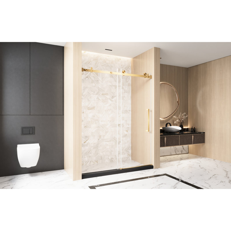 56 - 60 "w X 76" H Brushed Gold Single Sliding Shower Door, 1/4" (6 Mm) Clear Tempered Glass, Film, Stainless Steel Track And Handle, American Design, Large Wheels For Silent Efficient Sliding,