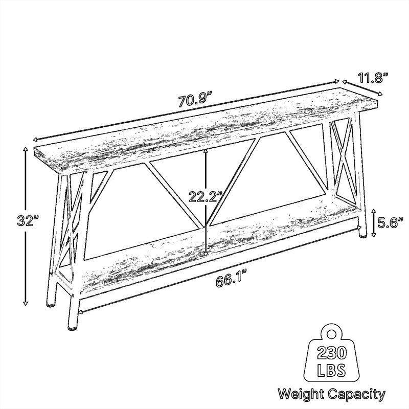 70.9 Inches Extra Long Narrow Sofa Table, Industrial Console Table Behind Couch With X-Shaped Support And Reinforced Steel Frame, Grey