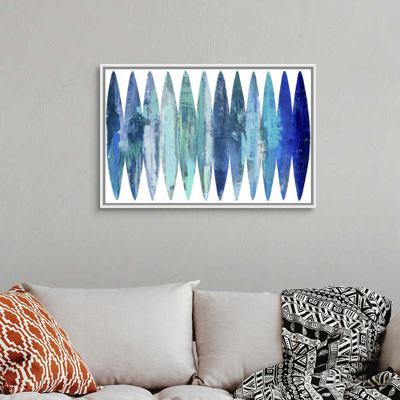 «Abstract Surfboard Blues» par David Moore - reproduction d'art, H 26 po x l 38 po, Toile avec cadre flottant, Blanc